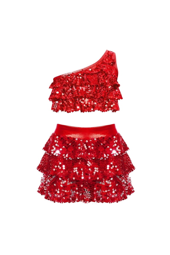 Girls Red Sequin Two Piece Outfit Sparkly One Shoulder Crop Top and Layered Skirt Set for Dance Birthday Party,Size 8-9T