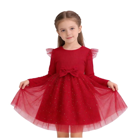Girls Red Tulle Dress Long Sleeve Glitter Bow Ruffle Birthday Party Princess Dress for Kids Girls,Size 7-8 T