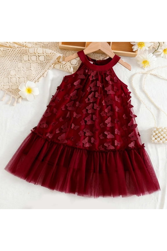 Girls Red Tulle Dress with 3D Butterflies, Kids Halter Neck Party Dress for Birthday & Flower Girl Occasions,Size 9 T