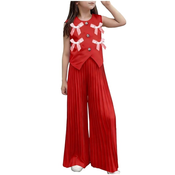 Girls Red Two Piece Set Sleeveless Vest & Pleated Wide Leg Pants Outfit for Kids Kids Soft Stretchy Playdate Birthday Clothes,Size 2-3T