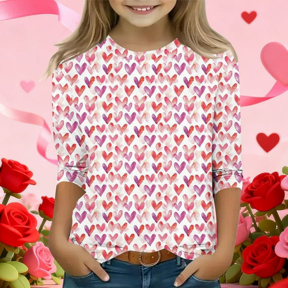 Girls' Red Watercolor Heart Print Top, Soft Stretch Polyester Spandex Crew Neck 3/4 Sleeve Casual Shirt for Kids Girls Ages 4-12, Machine Washable,Size 3-4T