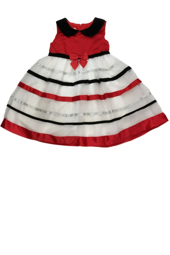 Girls Red White & Black Striped Holiday Party Velvet Trim Flower Girl Dress