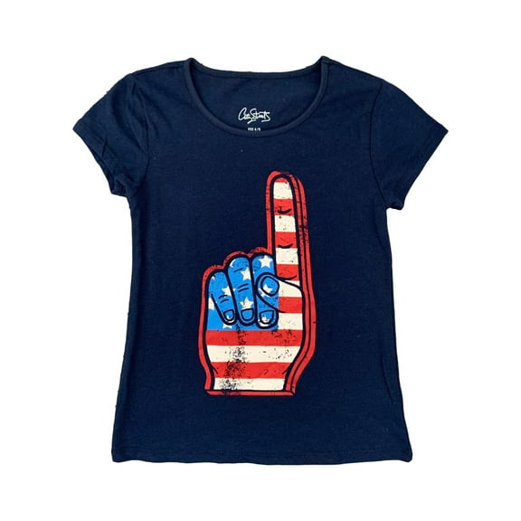 Girls Red White & Blue American Flag Hand Patriotic Navy Blue T-Shirt XXS (4/5)