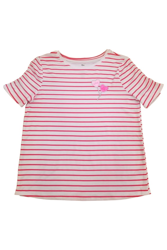 Girls Red & White Striped Short Sleeve Valentines T-Shirt Tee Shirt L (10-12)