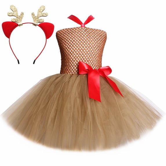 Girls Reindeer Antler Tulle Dress Halter Neck Bow Waist Party Holiday ...