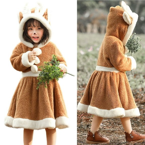 Girls Reindeer Santa Cosplay Dress Pom Pom Hooded Dress Performance Costume