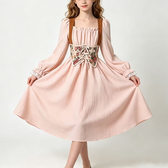 Girls Renaissance Corset Dress Puff Sleeve Peasant Medieval Dresses Ruffle Cute Elegant Party Outfits Pink, Size 9 Y
