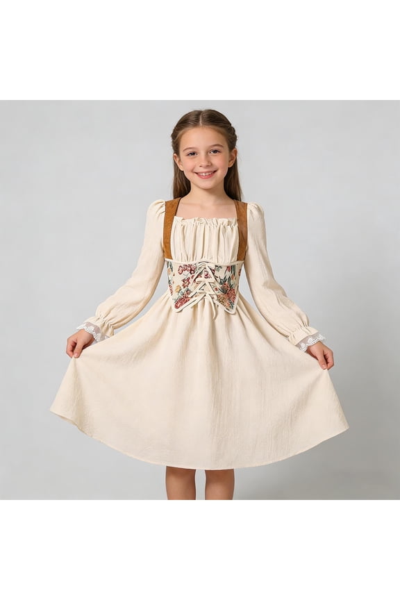 Girls Renaissance Dress Beige Medieval Peasant Costume Cottagecore Lace Puff Sleeve A-Line Floral Corset,Size 7-8 T