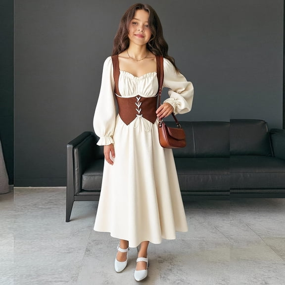 Girls Renaissance Dress Colour Block Patchwork Drawstring Pleated Bodice Adjustable Straps Front Pleats Long Sleeves White 5 Y-6 Y