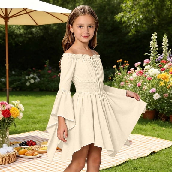 Girls Renaissance Dress Off Shoulder Pirate Fairy Halloween Outfit Flowy Dresses Bell Sleeve Ruffle Details Tie Straps Medieval Outfit for Party