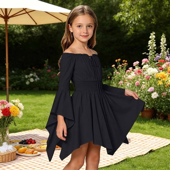 Girls Renaissance Dress Off Shoulder Pirate Fairy Halloween Outfit Flowy Dresses Bell Sleeve Ruffle Details Tie Straps Medieval Outfit for Party