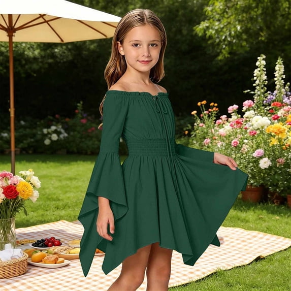 Girls Renaissance Dress Off Shoulder Pirate Fairy Halloween Outfit Flowy Dresses Bell Sleeve Ruffle Details Tie Straps Medieval Outfit for Party