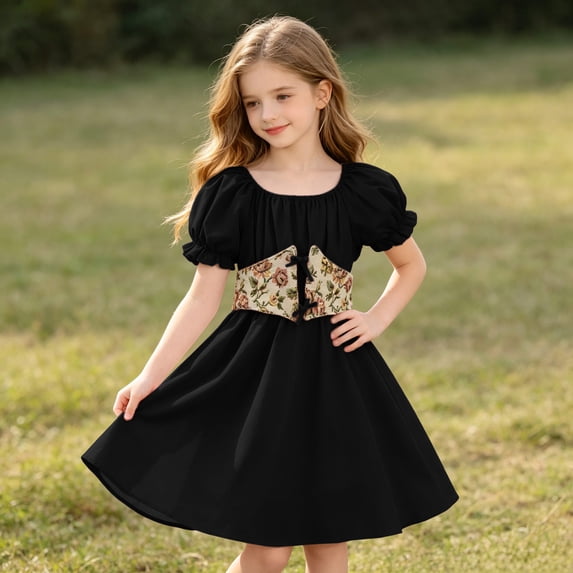 Girls Renaissance Medieval Princess Dress Puff Short Sleeves Crew Neck Dresses with Belt Set Daily Wear Black 8 Years