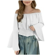 Girls Renaissance Peasant Blouse Off Shoulder Trumpet Sleeve Tops 2025 Summer Trendy Solid Pirate Boho Tunic Shirts