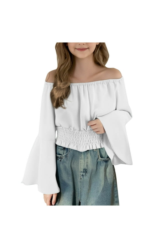 Girls Renaissance Peasant Blouse Off Shoulder Trumpet Sleeve Tops 2025 Summer Trendy Solid Pirate Boho Tunic Shirts
