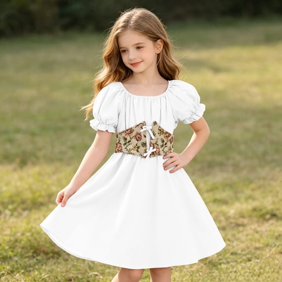 Girls' Renaissance Two Piece Dress Floral Cinch Belt Off Shoulder Puff Sleeve Flared A Line Skirt Vintage Cosplay for Girls 3-12Y, Halloween Costumes for Girls White 11 Years