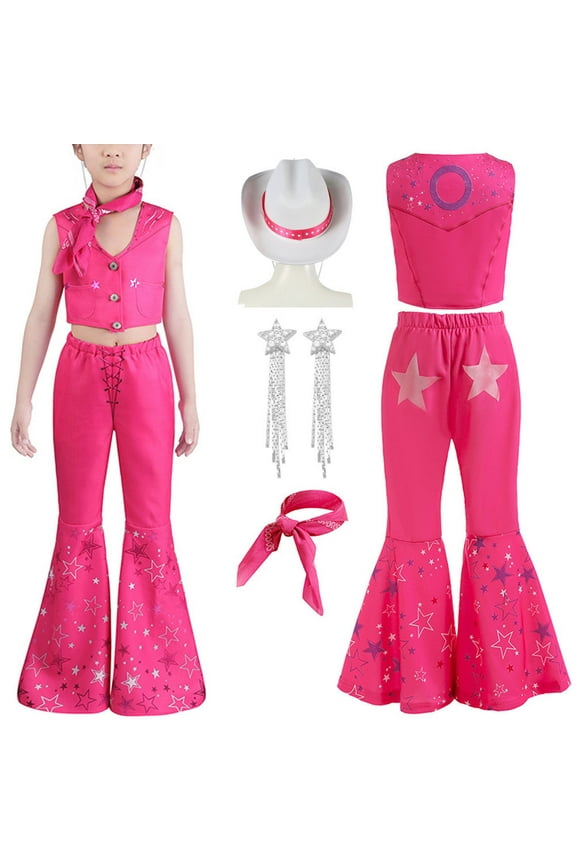 Girls Retro Hippie Disco Costume Cowgirl Pink Flare Pant Halloween Cosplay