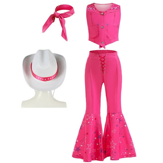 Girls Retro Hippie Disco Costume Cowgirl Pink Flare Pant Halloween Cosplay