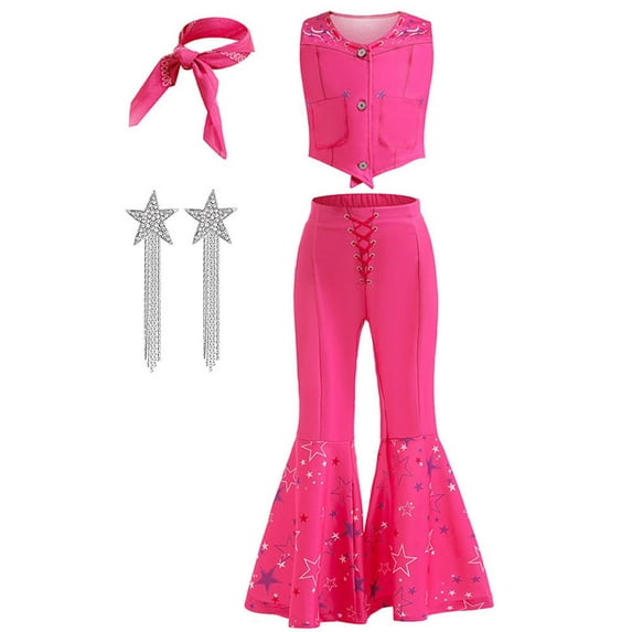 Girls Retro Hippie Disco Costume Cowgirl Pink Flare Pant Halloween Cosplay
