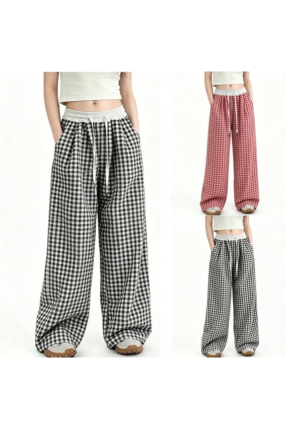 Girls Retro Plaid Drawstring Wide Leg Pants, Casual Trousers with Pockets for 5-15 Years Old, Stylish for Summer & Casual Looks Red 14 Years