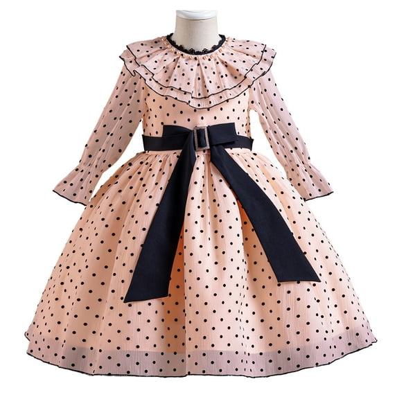 Girls Retro Polka Dot Dress Long Sleeve Wedding Princess Maxi Boho Dress 3-9 Year