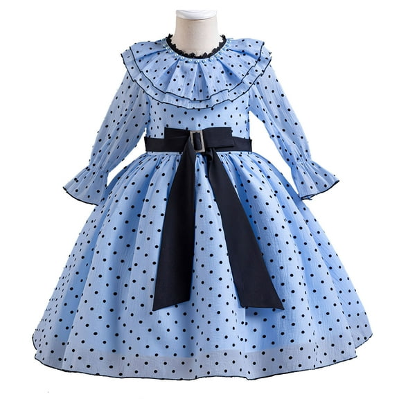 Girls Retro Polka Dot Dress Long Sleeve Wedding Princess Maxi Boho Dress 3-9 Year