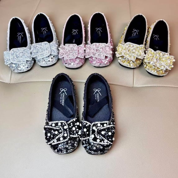 Girls Rhinestone Bow Ballet Flats Slip On Round Toe Dress Shoes with Pearl Decor Lightweight Soft Outsole for Flower Girl Wedding Party Evening Special Occasions for Little Kids