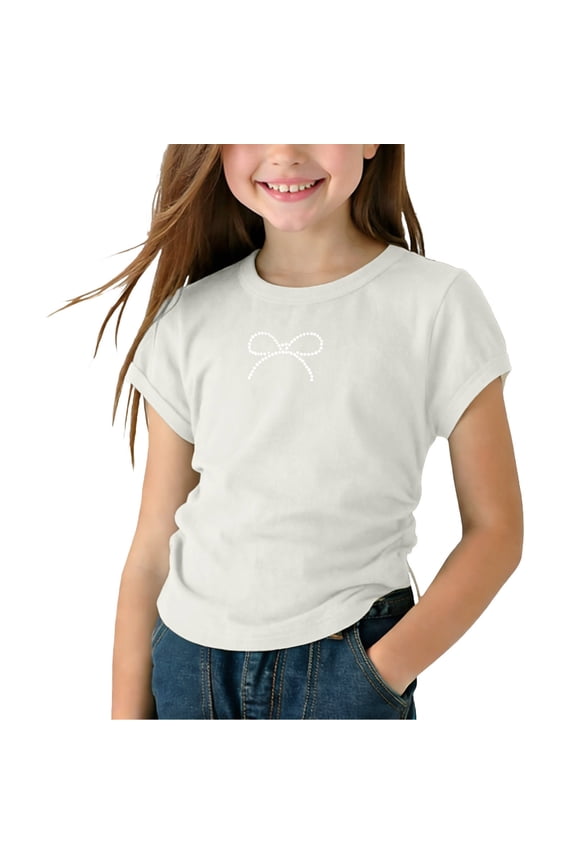Girls Rhinestone Bow Short Sleeve T-Shirt Kids Sparkly Beige Top Soft Cotton Casual Tee,Size 2-3T