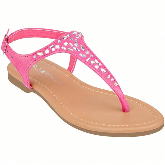 Girls' Rhinestone Decor Flat Sandals Fashionable Casual T-Strap Sandals Summer Flip Flop Sandals