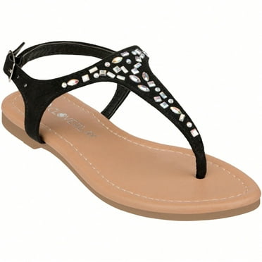 Girls' Rhinestone Decor Flat Sandals Fashionable Casual T-Strap Sandals Summer Flip Flop Sandals