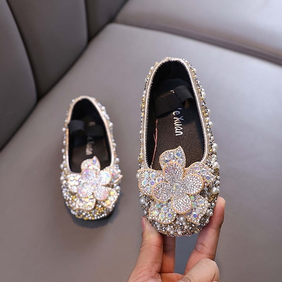 Girls Rhinestone Pearl Bow Mary Jane Flats, Sparkly Princess Dress Shoes Ballets Flats Gold A 11