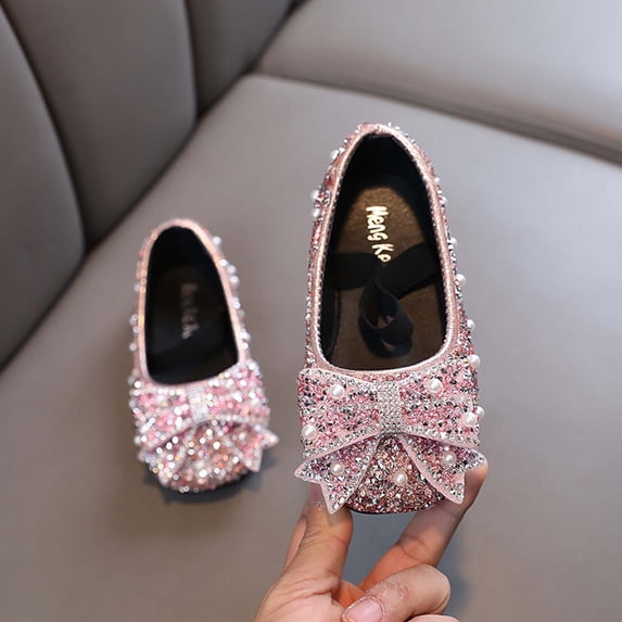 Girls Rhinestone Pearl Bow Mary Jane Flats, Sparkly Princess Dress Shoes Ballets Flats Pink 9.5