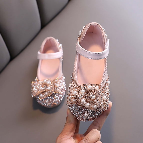 Girls Rhinestone Pearl Bow Mary Jane Flats, Sparkly Princess Dress Shoes Ballets Flats Pink D 10.5