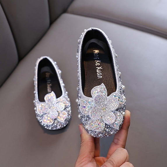 Girls Rhinestone Pearl Bow Mary Jane Flats, Sparkly Princess Dress Shoes Ballets Flats Silver A 13