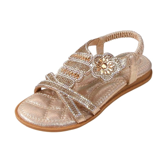 Girls Rhinestone Slingback Sandals with Elastic Ankle Strap Casual Bohemian Beach Footwear