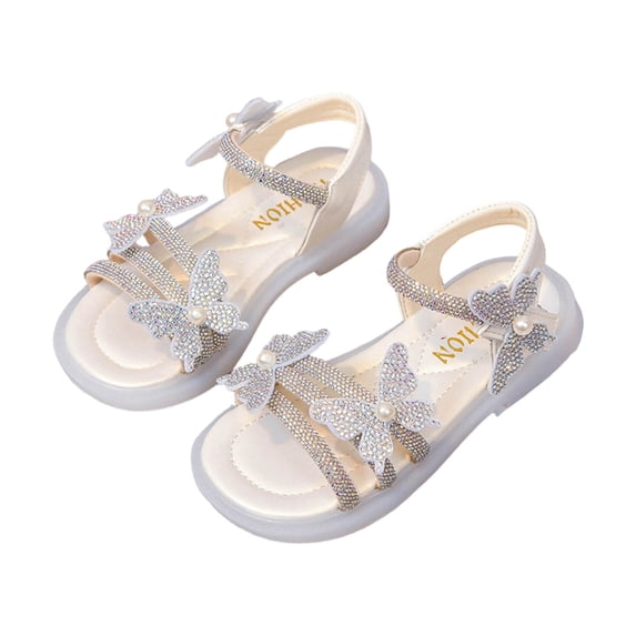 Girls Rhinestone Strappy Pearl Gladiator Sandals Open Toe Adjustable Ankle Strap Kids Sparkly Dress Flat Shoes White 10 Little Kid