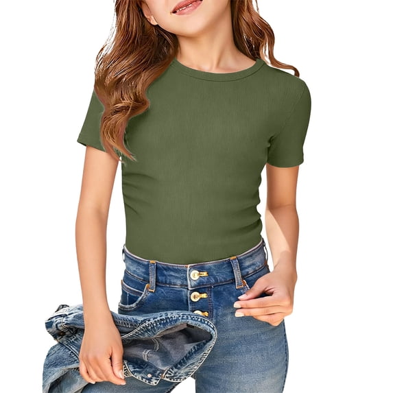 Girls Ribbed Crew Neck Short Sleeve T-Shirt, Fitted Solid Color Basic Tee Casual Slim Top for Everyday School & Play Green Size 9-10 Years