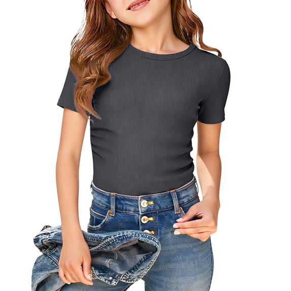Girls Ribbed Crew Neck Short Sleeve T-Shirt, Fitted Solid Color Basic Tee Casual Slim Top for Everyday School & Play Grey Size 7-8 Years