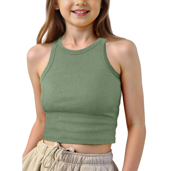 Girls Ribbed Crop Tank Tops Kids Solid Sleeveless Tees Spring Summer Casual Tops