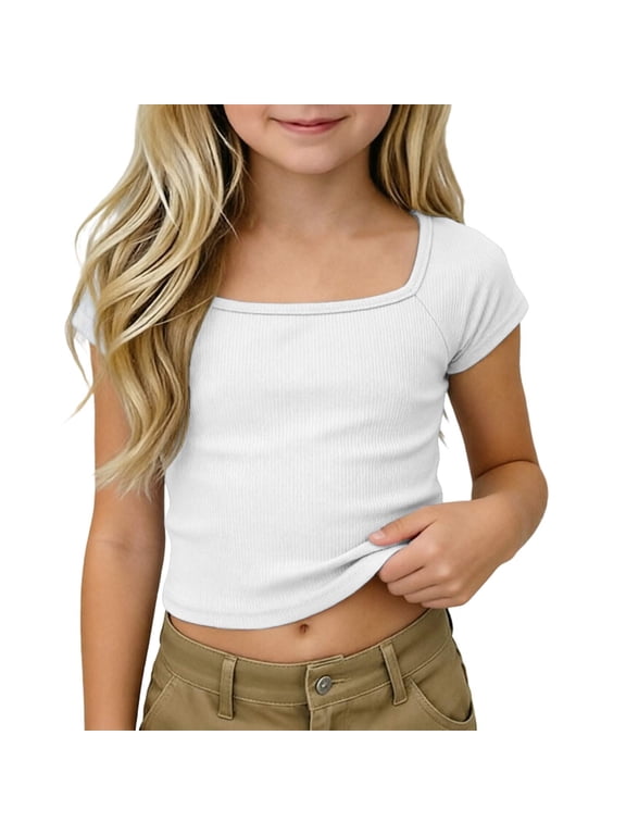 Girls Ribbed Crop Tops Summer Short Sleeve Casual Cute Square Neck T-Shirts Soft Comfortable Solid Color Stretchy Tees for 4-14 Years