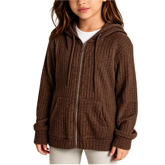 Girls Ribbed Fashion Hoodie Casual Long Sleeve Zip Up Lightweight Fall Jacket Brown 5T