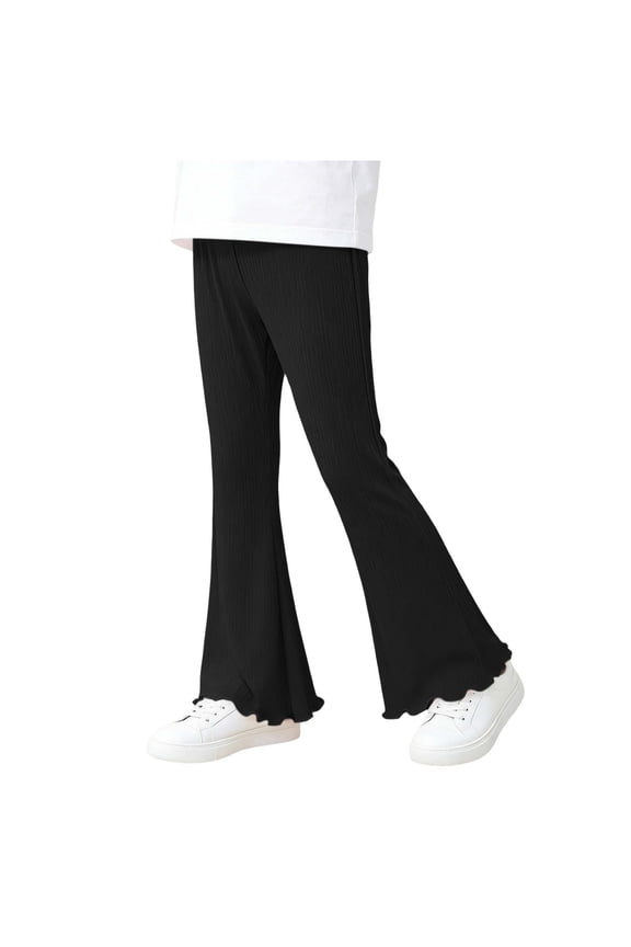 Girls Ribbed Flare Pants Ruffled Hem Elastic Waist Pull On Soft Stretchy School Uniform Bottoms Black,Size 11-12 T