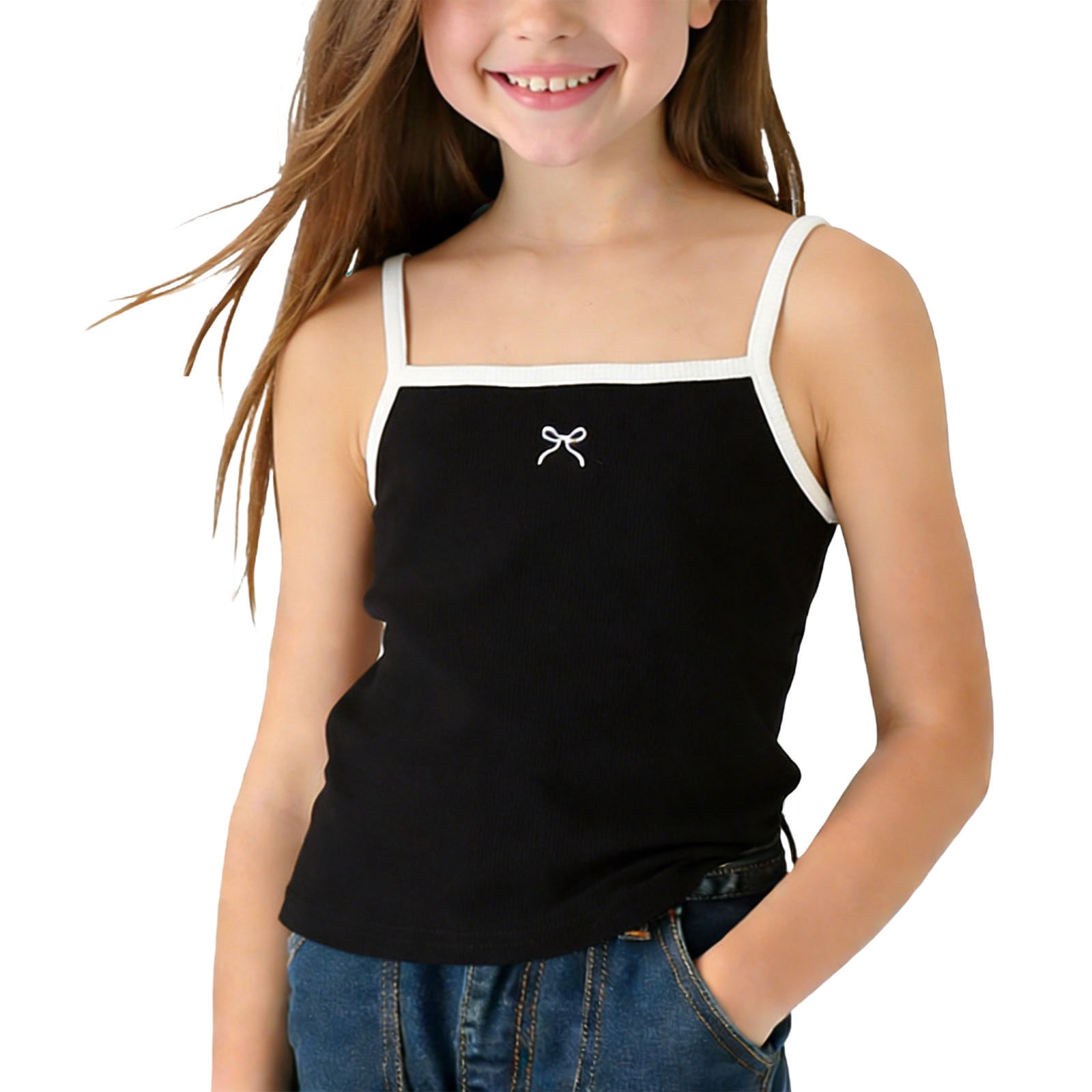 Girls Ribbed Knit Camisole Top Square Neck Bow Detail Contrast Trim ...