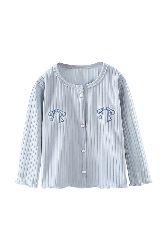 Girls Ribbed Knit Cardigan Child Light Weight Sweater Cardigans, Long Sleeve Button Open Front Cute Knitwear Coat Blue 120/3Y