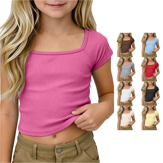 Girls Ribbed Knit Crop Top Short Sleeve Tee Square Neck Raglan Basic Casual Shirt for Kids Kids Youth Baby Girls Tops 5-6 Years
