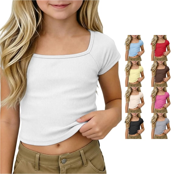 Girls Ribbed Knit Crop Top Short Sleeve Tee Square Neck Raglan Basic Casual Shirt for Kids Kids Youth Baby Girls Tops 7-8 Years