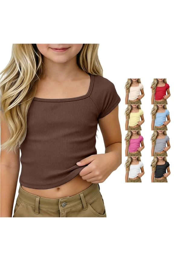 Girls Ribbed Knit Crop Top Short Sleeve Tee Square Neck Raglan Basic Casual Shirt for Tween Tween Youth Baby Girls Tops 11-12 Years