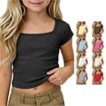 thumbnail image 1 of Girls Ribbed Knit Crop Top Short Sleeve Tee Square Neck Raglan Basic Casual Shirt for Tween Tween Youth Baby Girls Tops 13-14 Years, 1 of 9