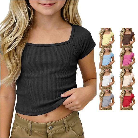 Girls Ribbed Knit Crop Top Short Sleeve Tee Square Neck Raglan Basic Casual Shirt for Tween Tween Youth Baby Girls Tops 13-14 Years