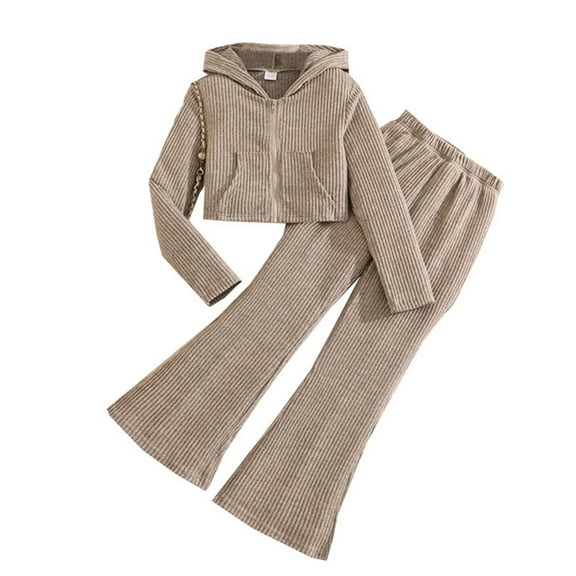 Girls Ribbed Knit Hooded Zipper Top and Flare Pants Long Sleeve Tracksuit Autumn Winter Fashion Casual Two Piece Loungewear Comfy Outfit Set Girls' Clothing Sets Kids Fashion Casual Lounge Set